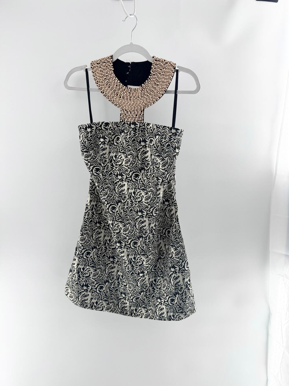 Vintage Aryn K Embellished Beaded Collar Sleeveless Mini Dress White Black Large